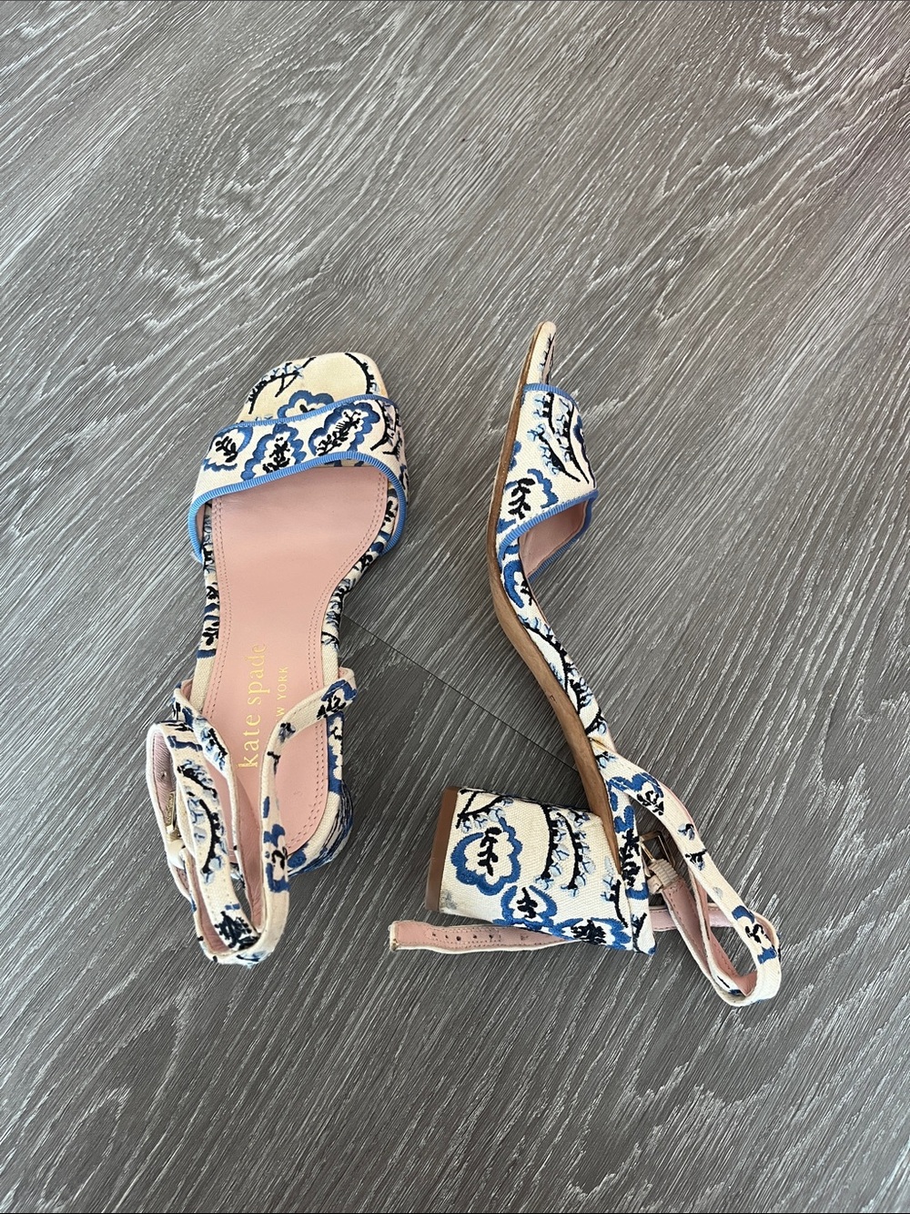 kate spade Blue & White embroidered Block Heel Sandals - Picture 2 of 5